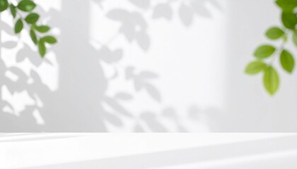 自然光が差し込むミニマルな背景　柔らかな葉の影と白いテーブル　ボケた背景