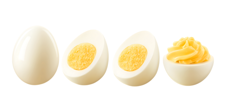 A set of multiple boiled eggs cut in half isolated on a transparent background