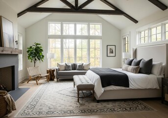 Tranquil bedroom retreat with fireplace and large windows