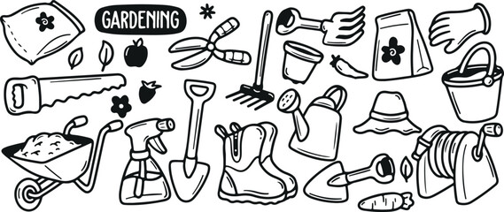 Gardening Tools Vector Set – Planting, Outdoor, Nature, Hobby, Garden, Agriculture, Equipment, Flower, Leaf, Plant, Soil, Growth, Farming, Tool, Hand Drawn, Minimal, Outline