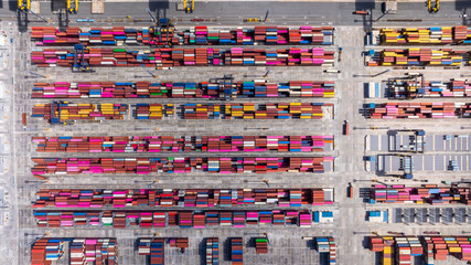 Aerial view global business logistic transportation container cargo international terminal port, Container cargo industrial import export port by container cargo ship, Sea freight shipping container.