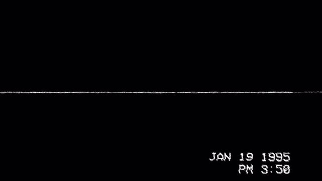 Vintage analog videotape screen with a tracking glitch and a nineties timestamp. Retro digital display on a black background with static and noise.