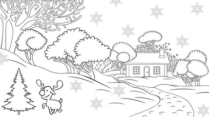 Naklejka premium Black and white coloring illustration of a snowy landscape with a house.