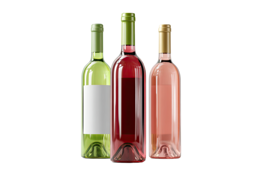 Three wine bottles, a light green, a deep pink/red, and a pale rose/pink, stand upright.  Each has a blank white label