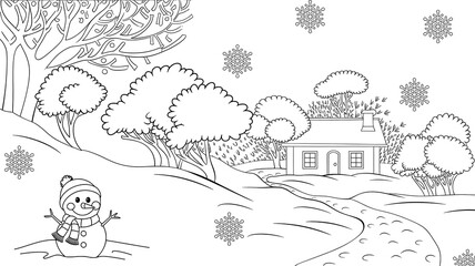 Obraz premium Black and white coloring illustration of a snowy landscape with a house and a snowman.