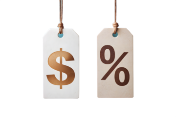 Two hanging tags, one with a dollar sign and the other with a percent sign, isolated on transparent background