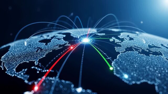 Hightech graphic of global courier routes symbolizing fast international order processing and nextday shipping.