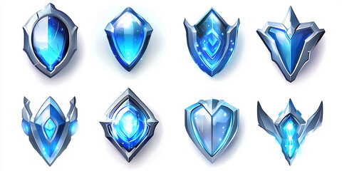 Set of futuristic blue holographic shield icons on a white background