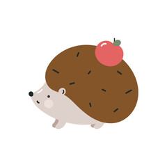 Cute hedgehog with apple on white background. Isolated vector illustration in flat cartoon style. For fabric, wrapping, cards, textile, wallpaper, apparel.