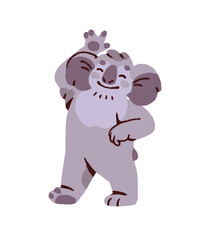 Happy koala bear is greeting, says Hello and waving. Cute anthropomorphic animal dances and hand gesturing. Joyful character smiles and welcomes. Flat isolated vector illustration on white background