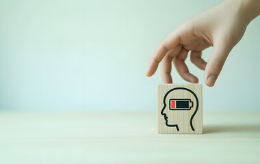 Mental Exhaustion: A hand gently interacts with a wooden block featuring a stylized human head with a low battery indicator. It speaks of mental fatigue and depleted energy levels.