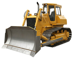 Yellow bulldozer with large metal blade isolated on transparent background