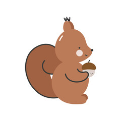 Cute squirrel with acorn on white background. Isolated vector illustration in flat cartoon style. For fabric, wrapping, cards, textile, wallpaper, apparel.
