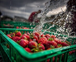 Fresh Strawberries Washed in Green Crate Under Water Splash