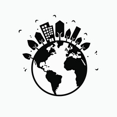 A modern and inspiring black and white icon of a sustainable city growing on planet Earth, a simple and powerful symbol for a green, eco-friendly future.
