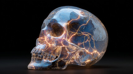 Translucent human skull illuminated by bioluminescent neural networks pulsing rhythmically in complete darkness, showcasing intricate nervous system pathways