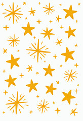A simple and cheerful seamless pattern of cute, hand-drawn yellow doodle stars and starbursts, perfect for a magical and celebratory kids' or holiday design.
