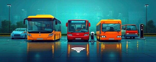 Illustration of electric vehicles including car, bus, and van at charging station