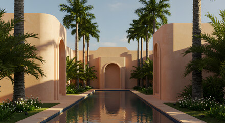 Luxury resort pool with palm trees architecture and tropical vacation destination for relaxation and travel