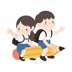 Illustration of Children Riding a Pencil