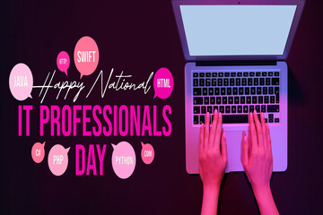 Woman working with modern laptop on black background