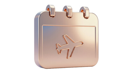 Isolated 3D Render of a Metallic Calendar Icon with an Airplane Symbol, Representing Travel Planning, Flight Bookings, and Vacation Scheduling