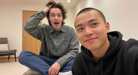 Fototapeta premium Two young men, one with long hair looking surprised and another with a shaved head smiling, take a selfie indoors. Represents friendship, casual moments, and youth. 