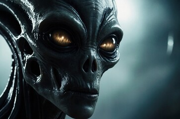 Obraz premium Close up portrait of an alien extraterrestrial life form with grayish skin and glowing eyes, standing against the blurry dark background. UFO, sci-fi, science fiction, contact, invasion, illustration.