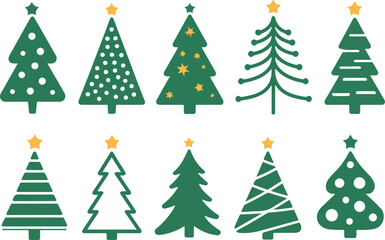 Collection of festive green christmas trees decorated with stars for holiday celebrations.