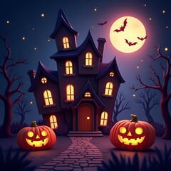 Fototapeta premium Halloween Night 3D Cartoon Background with Spooky Mansion and Glowing Pumpkins