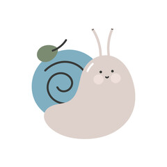 Cute snail with leaf on white background. Isolated vector illustration in flat cartoon style. For fabric, wrapping, cards, textile, wallpaper, apparel.