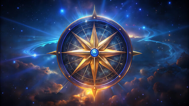 Golden compass guides through starry cosmic clouds