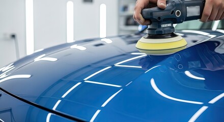 Worker polishing the hood of a blue car with an electric orbital polisher in a clean garage