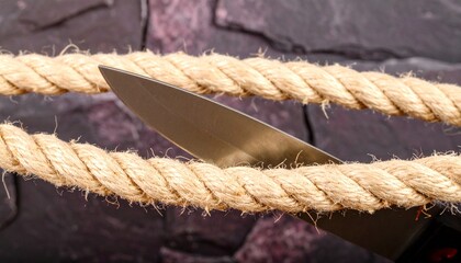 A gleaming blade cutting a rope on a dark stone surface, lit by soft light, shot with vivid HD clarity