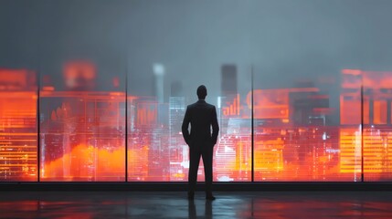 Silhouetted businessman gazing at a vibrant cityscape filled with orange hues, embodying ambition and innovation.