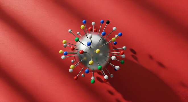 A macro shot of a metallic sphere with colorful pushpins, conceptualizing a virus. This image represents a global pandemic, infectious disease, and healthcare research.


 - Powered by Adobe