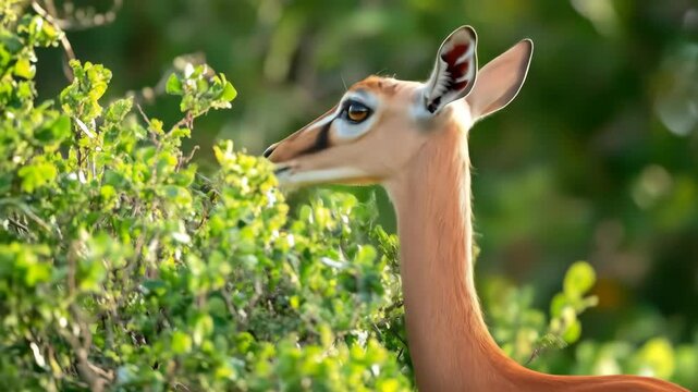 A graceful gerenuk browses, using its long neck to reach high foliage, highlighting its adaptation and unique wildlife in its natural habitat.