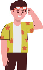 A cheerful male tourist in a floral shirt and glasses holds a camera, smiling as he prepares to take a picture.