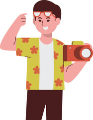 A cheerful male tourist in a floral shirt and glasses holds a camera, smiling as he prepares to take a picture.