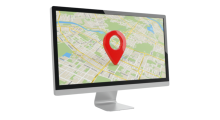 Isolated Computer Monitor Displaying Map with Red Location Pin for Navigation and Geospatial Services