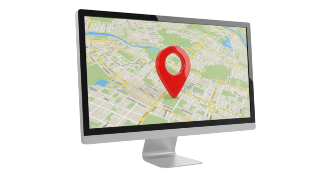 Isolated Computer Monitor Displaying Map with Red Location Pin for Navigation and Geospatial Services