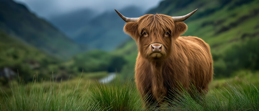 Highland Cow in Mountain Scenery: A majestic Highland cow, its shaggy coat blending with the rugged terrain of the Scottish Highlands, surveys its verdant surroundings with a calm presence.