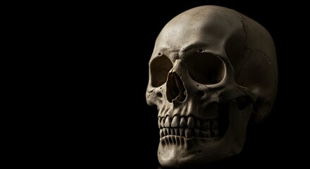 Obraz premium A human skull offwhite is set against a stark black background highlighting its contours and details