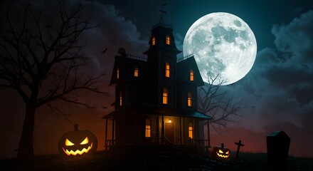 Fototapeta premium A spooky house stands silhouetted against a full moon with glowing pumpkins and a tombstone in the foreground