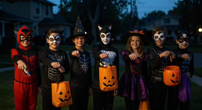 Group of costumed children pointing forward while trick-or-treating together on a Halloween evening.