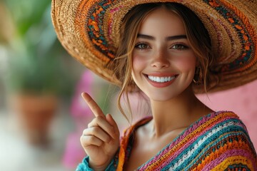 Smiling young woman wearing a colorful hat in a sunny outdoor setting