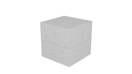 3D Render a white cube with four pieces missing