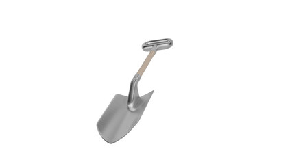 3D Render a shovel with a wooden handle on a white background
