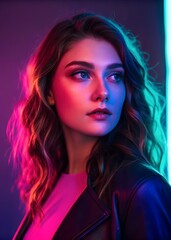 Naklejka premium Striking portrait of a woman bathed in vibrant neon light, perfect for modern design, music visuals, and edgy beauty campaigns