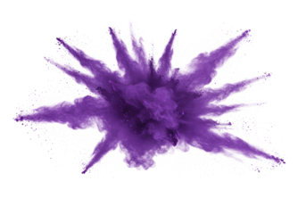 Dynamic explosion of vibrant purple pigment powder, frozen in motion, streaks and clouds against a transparent studio background, concept of creative breakthrough